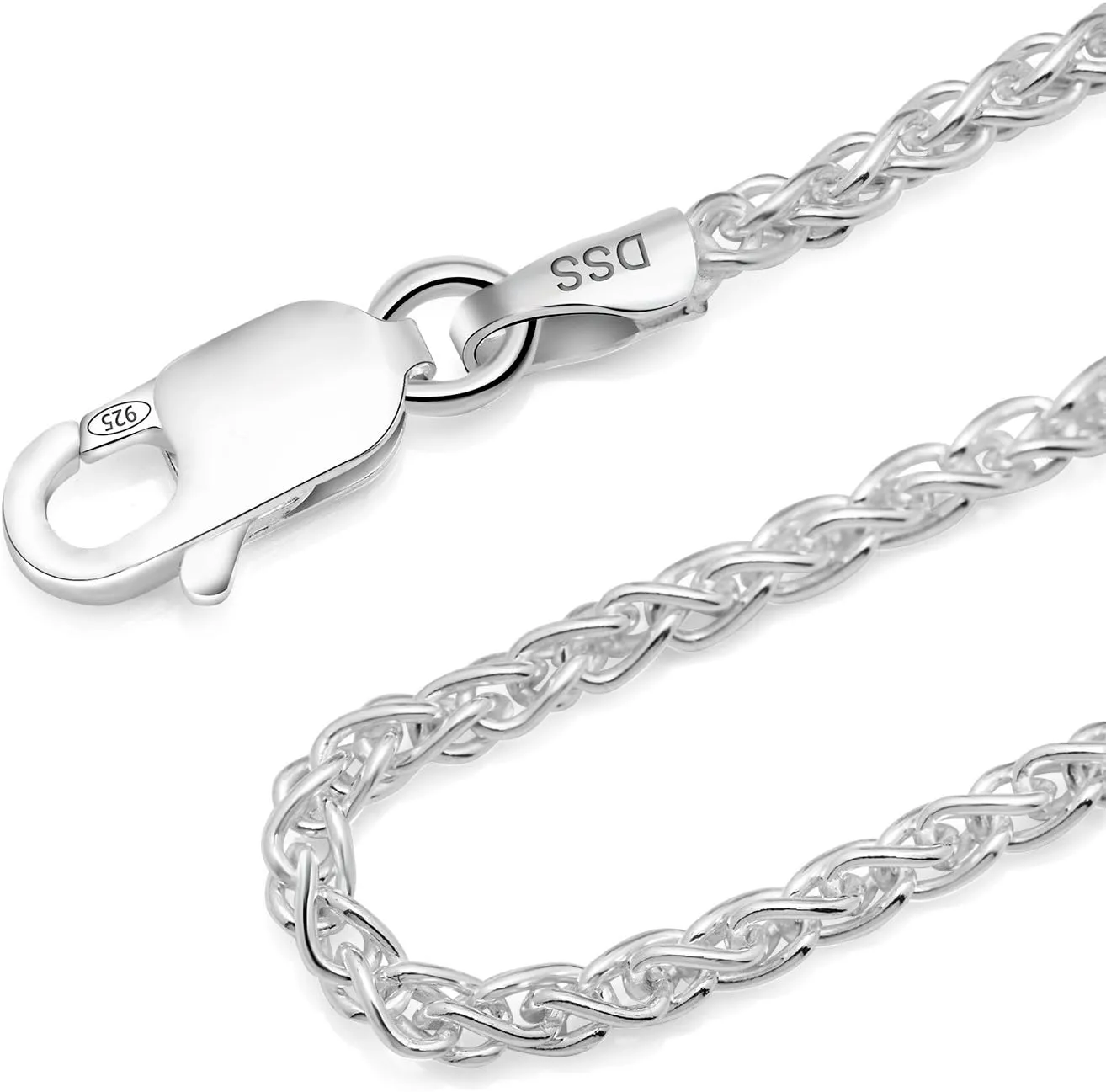 925 Sterling Silver Wheat Chain 2mm - Italian Spiga Sterling Silver Necklace Chain with Lobster Claw Clasp, Nickel Free 925 Silver Chain Necklace in lengths from 16-30 Inches