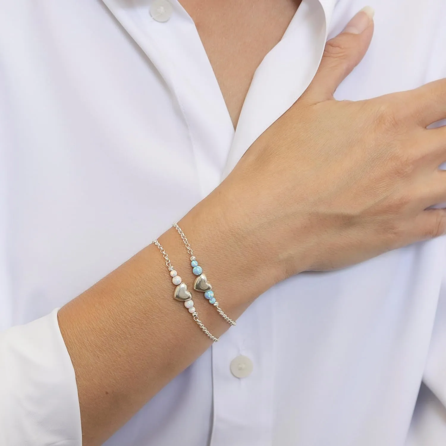 925 Sterling Silver White Opal Bracelet - 3mm White Opal Round Beads with Heart Silver Charm - 16-18cm Length - White Opal Jewelry for Women - Perfect for Gifting and Jewelry Making