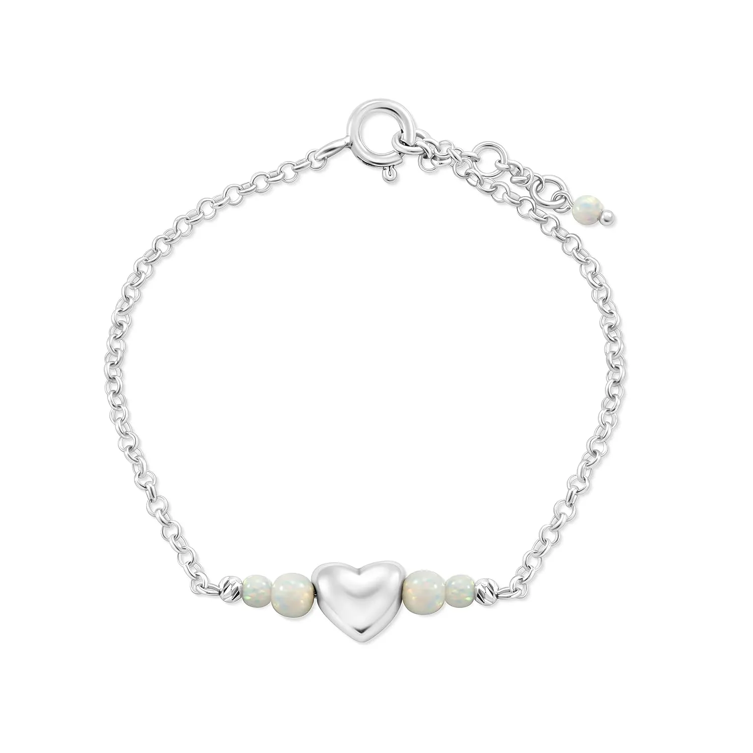 925 Sterling Silver White Opal Bracelet - 3mm White Opal Round Beads with Heart Silver Charm - 16-18cm Length - White Opal Jewelry for Women - Perfect for Gifting and Jewelry Making