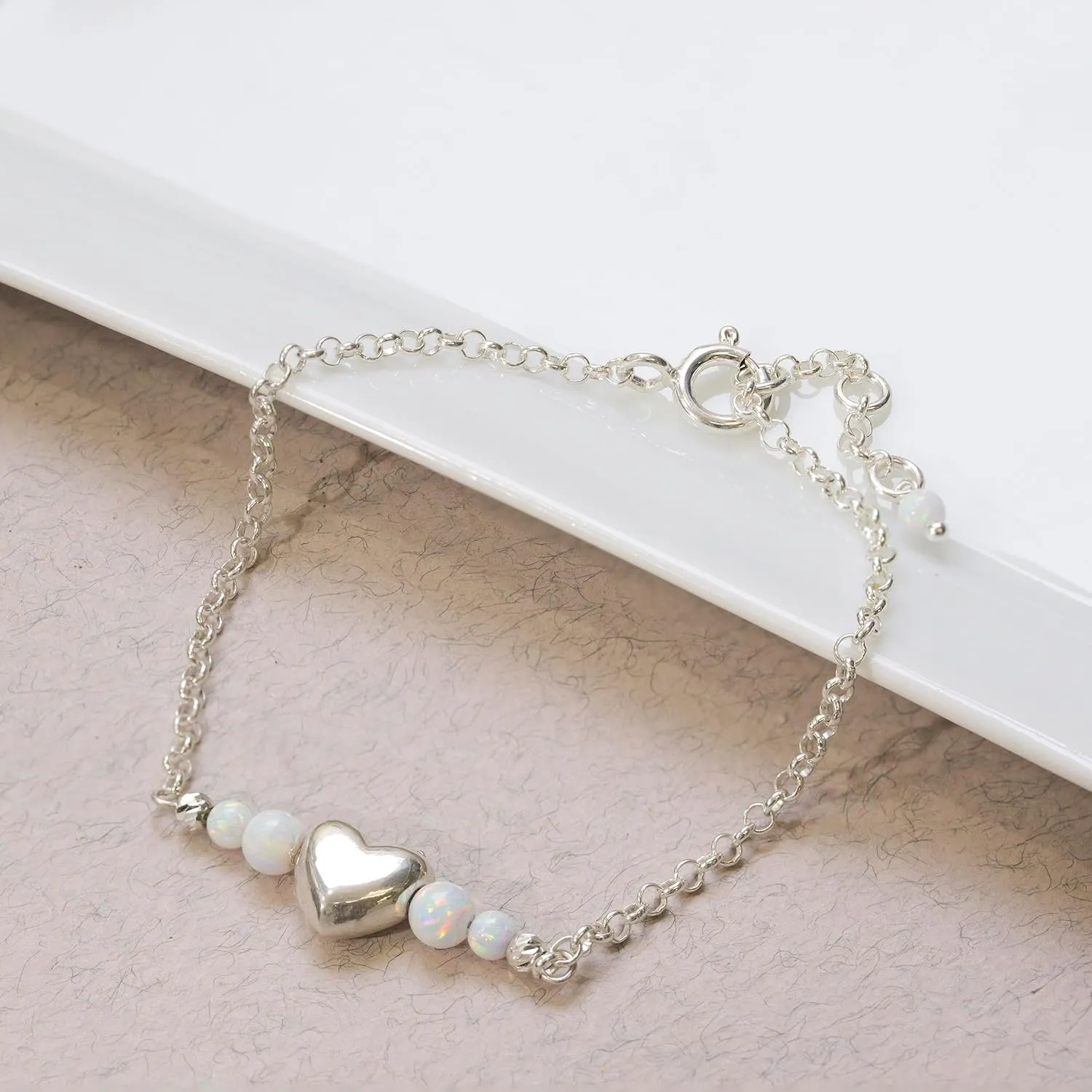 925 Sterling Silver White Opal Bracelet - 3mm White Opal Round Beads with Heart Silver Charm - 16-18cm Length - White Opal Jewelry for Women - Perfect for Gifting and Jewelry Making