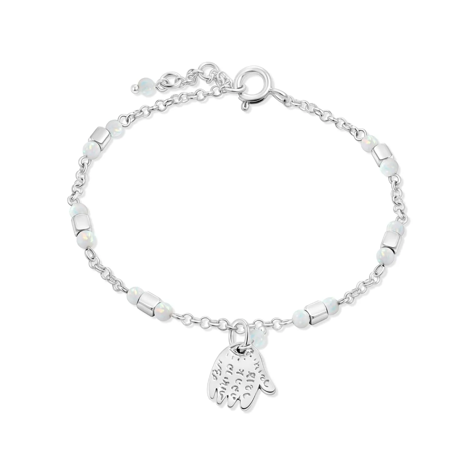 925 Sterling Silver White Opal Bracelets for Women - 3mm Round Beads with Hamsa Sterling Silver Charm, Adjustable Chain 16-18cm Length - Silver bracelets for women - Perfect Opal Jewelry Gift