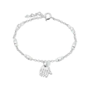 925 Sterling Silver White Opal Bracelets for Women - 3mm Round Beads with Hamsa Sterling Silver Charm, Adjustable Chain 16-18cm Length - Silver bracelets for women - Perfect Opal Jewelry Gift