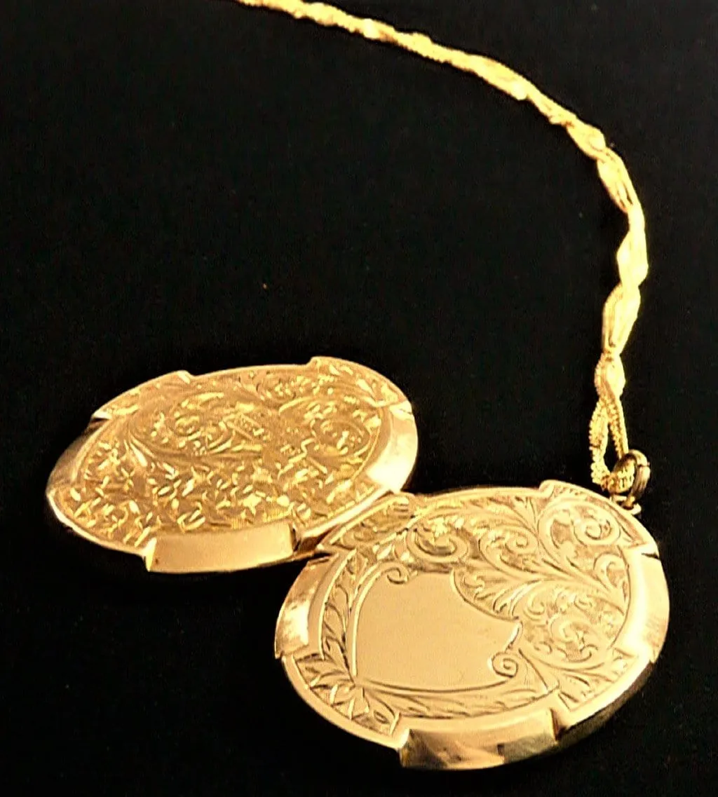 9ct Yellow Gold Antique Locket Glasgow Assayed 1910 Ornately Engraved With Elegant Necklace