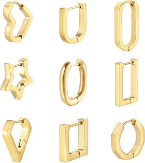 9Pcs Geometric Chunky Hoop Earrings for Women Stainless Steel Geometric Huggie Hoop Earrings Gold U-shaped Hexagon Rhombus Rectangle Heart Star Oval Earrings Dainty Jewelry Gifts
