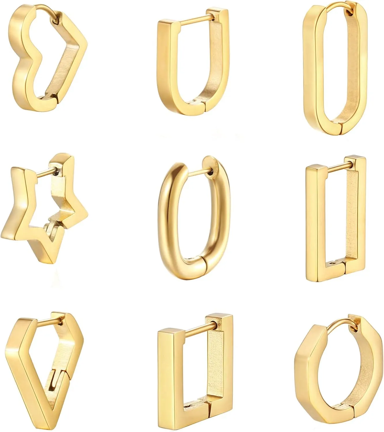 9Pcs Geometric Chunky Hoop Earrings for Women Stainless Steel Geometric Huggie Hoop Earrings Gold U-shaped Hexagon Rhombus Rectangle Heart Star Oval Earrings Dainty Jewelry Gifts