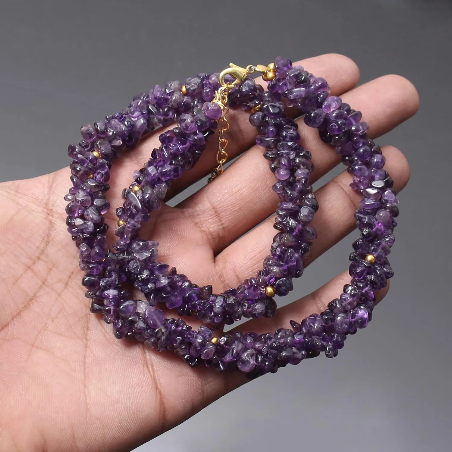 A&M Natural Amethyst Chips 925 Sterling Silver (Gold Plated) Rope Necklace With Adjustable Chain, Handmade Amethyst Beaded Necklace, Healing Amethyst Beads Necklace Jewelry, Amethyst Necklace, Amethyst Jewelry For Casual Wear And Yoga