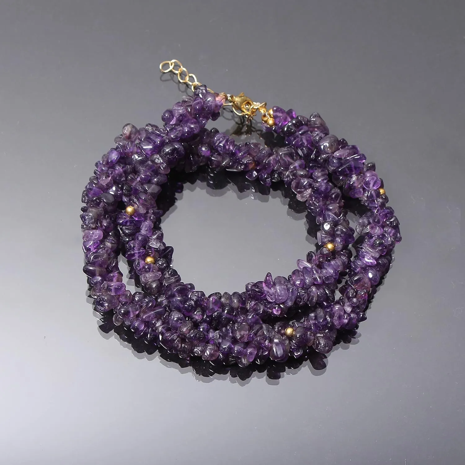 A&M Natural Amethyst Chips 925 Sterling Silver (Gold Plated) Rope Necklace With Adjustable Chain, Handmade Amethyst Beaded Necklace, Healing Amethyst Beads Necklace Jewelry, Amethyst Necklace, Amethyst Jewelry For Casual Wear And Yoga