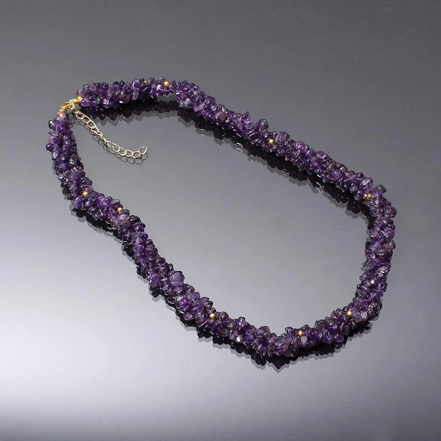 A&M Natural Amethyst Chips 925 Sterling Silver (Gold Plated) Rope Necklace With Adjustable Chain, Handmade Amethyst Beaded Necklace, Healing Amethyst Beads Necklace Jewelry, Amethyst Necklace, Amethyst Jewelry For Casual Wear And Yoga