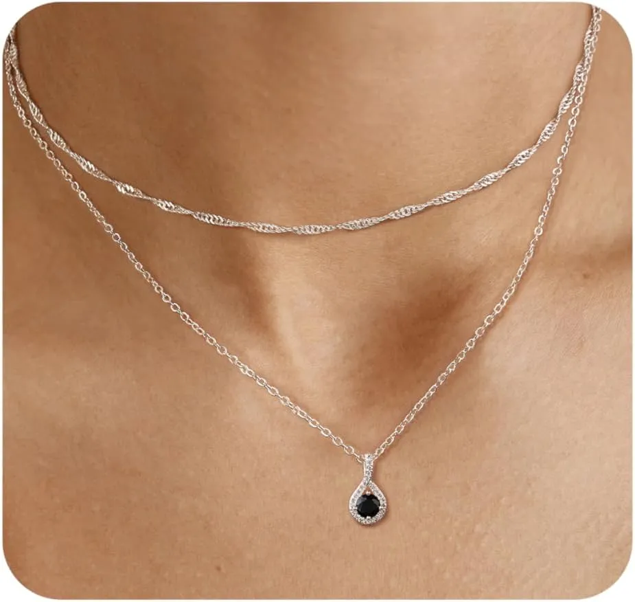 ACECHA Silver Layered Necklaces for Women, Dainty Singapore Chain Choker Necklace with Simple Diamond Pendant Trendy Charm Jewelry Gifts