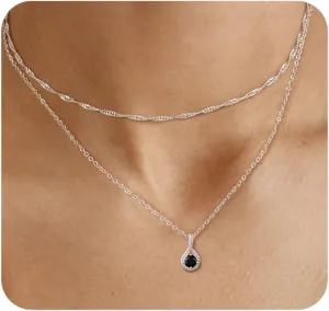 ACECHA Silver Layered Necklaces for Women, Dainty Singapore Chain Choker Necklace with Simple Diamond Pendant Trendy Charm Jewelry Gifts