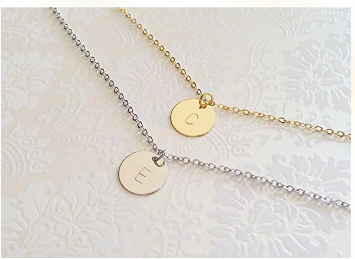 Adabele Real Gold Plated Solid Sterling Silver Letter Pendant Necklace 6mm 12mm Dainty Tiny Coin Disc A-Z 26 Alphabet Initial Personalized Heart Engraved Name Jewelry