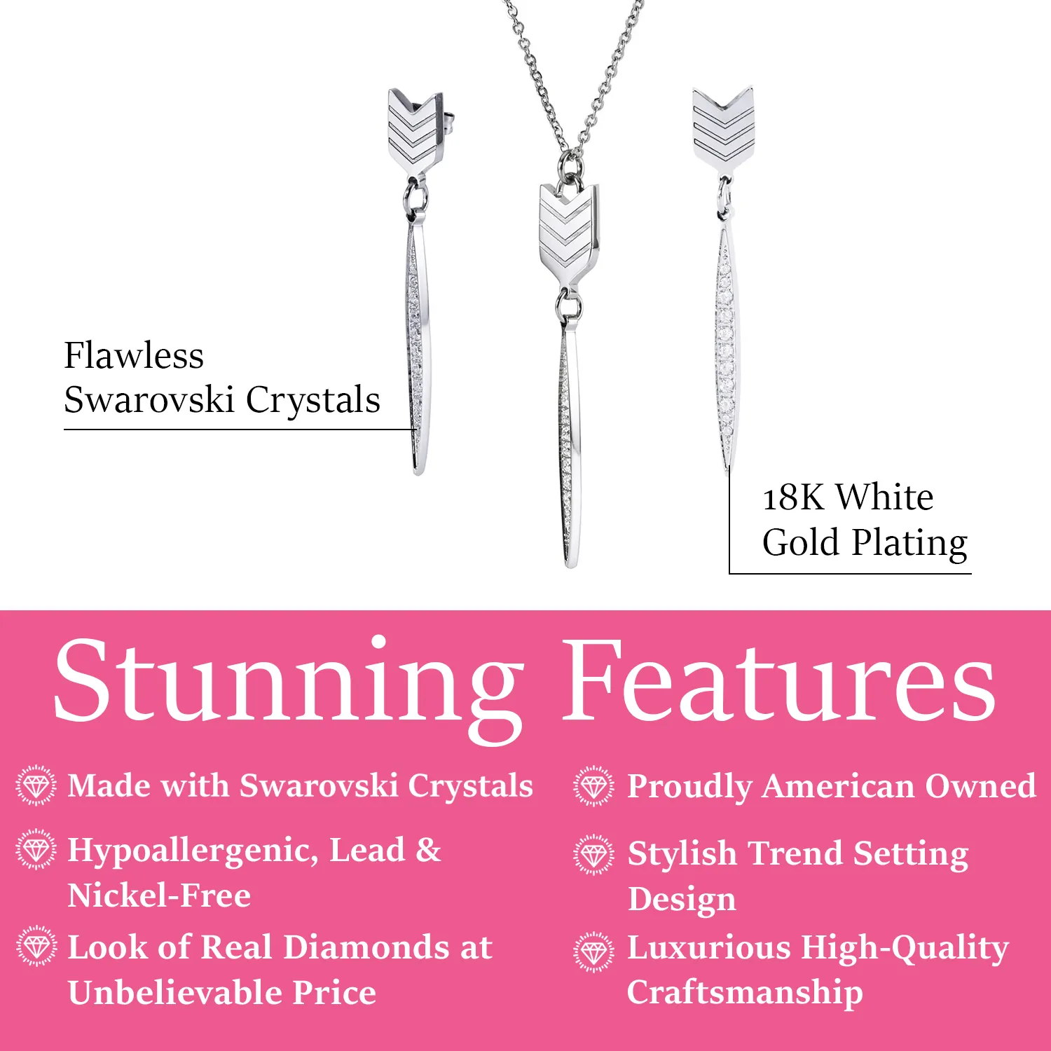 Addison 18k White Gold Plated Arrow Dangle Earrings and Necklace Set