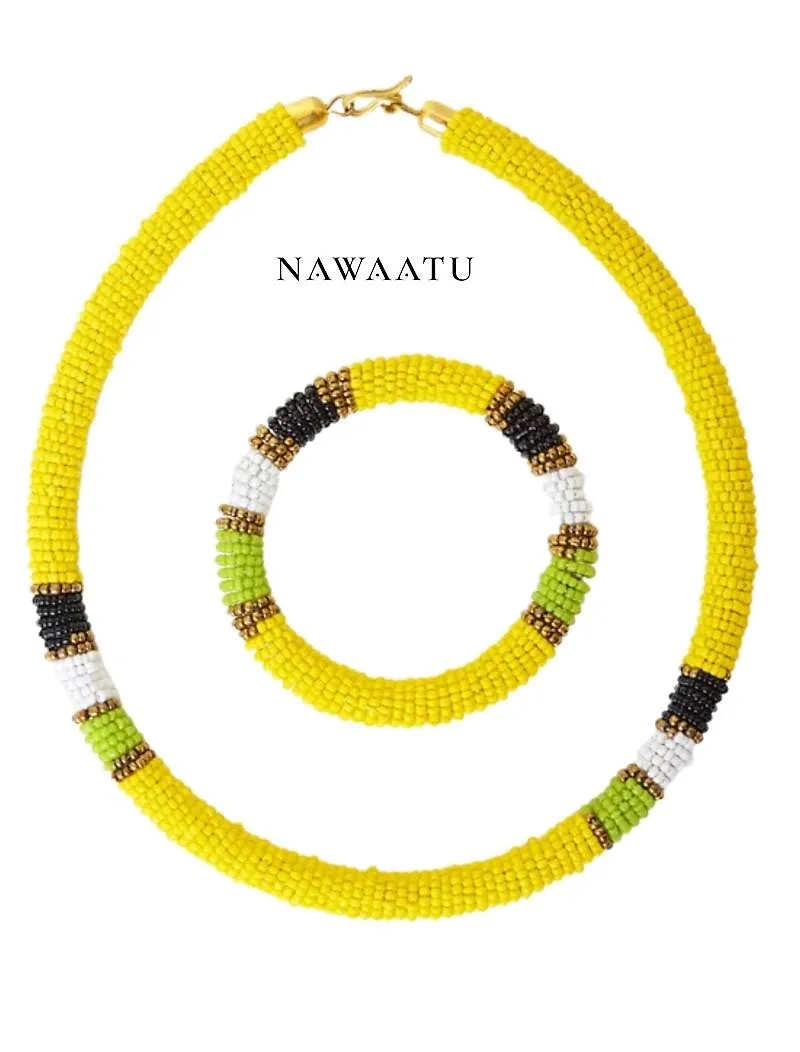 African Maasai Tribal Beaded Necklace and Bangle Set- Yellow