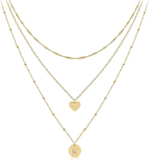 Aisansty Dainty Layered Initial Choker Necklaces Handmade 14K Gold Plated Tiny Heart Personalized Letter Disc Pendant Adjustable Chain Layering Gold Necklaces for Women Gift Jewelry