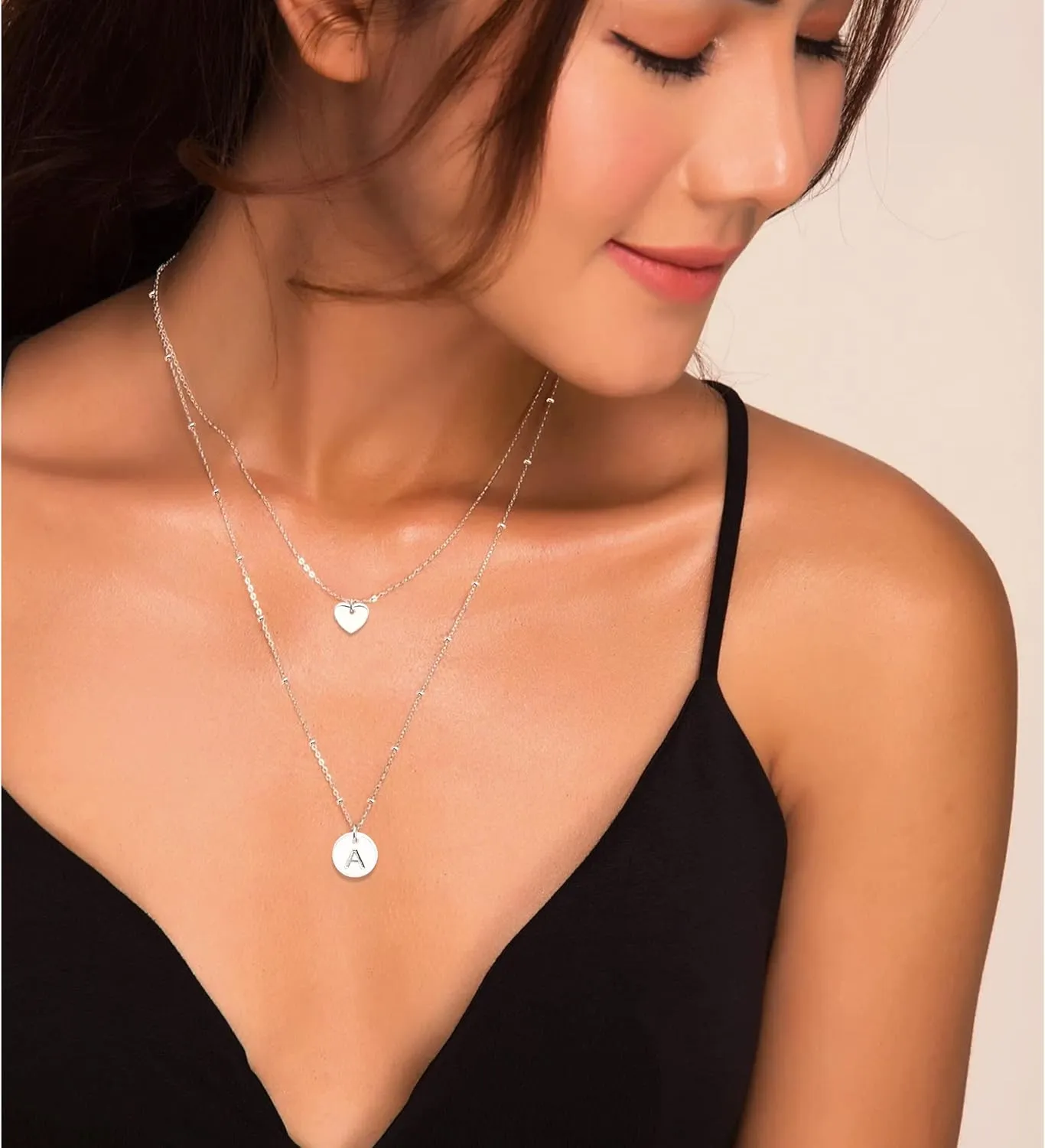 Aisansty Dainty Layered Initial Choker Necklaces Handmade 14K Gold Plated Tiny Heart Personalized Letter Disc Pendant Adjustable Chain Layering Gold Necklaces for Women Gift Jewelry