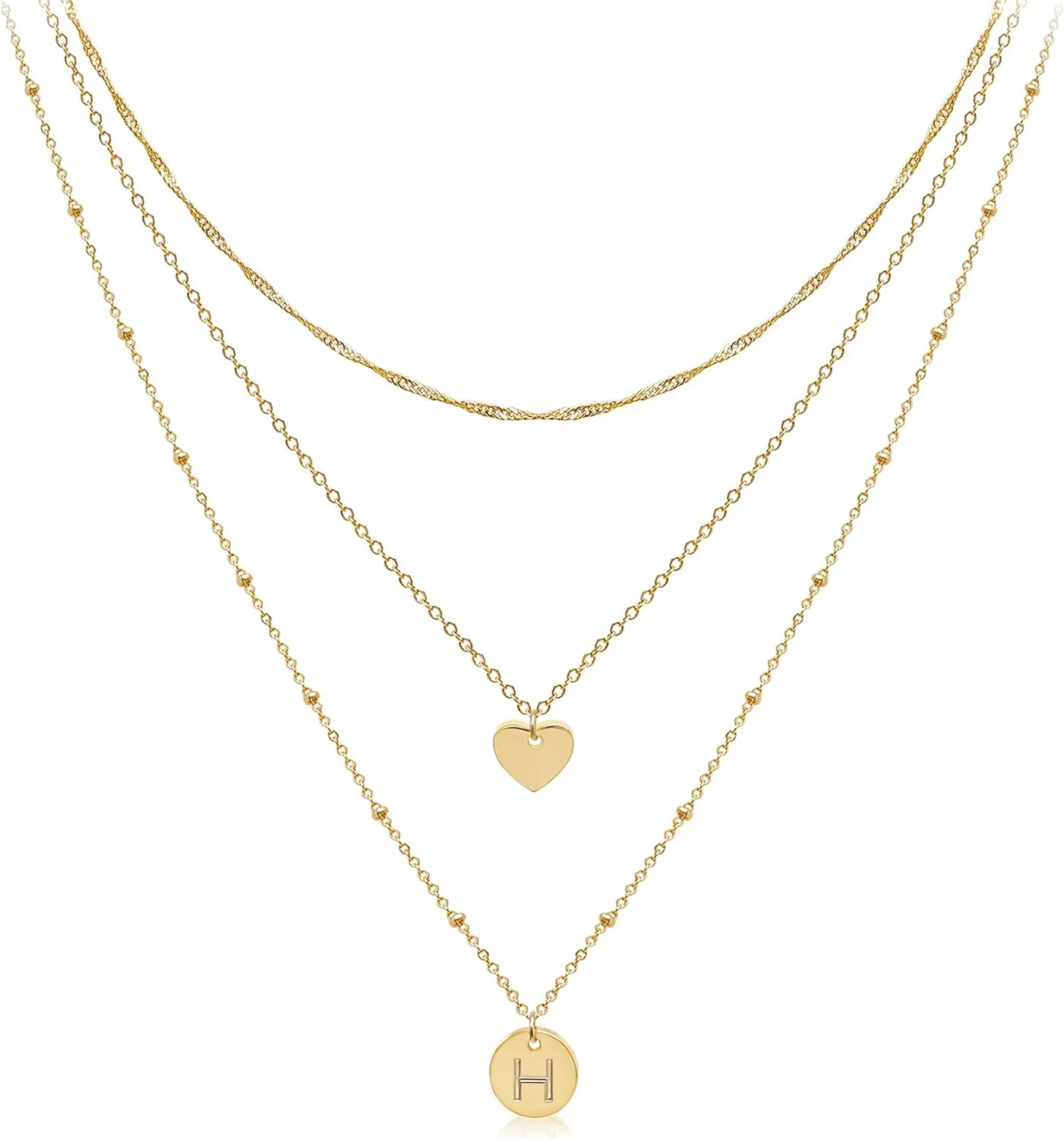 Aisansty Dainty Layered Initial Choker Necklaces Handmade 14K Gold Plated Tiny Heart Personalized Letter Disc Pendant Adjustable Chain Layering Gold Necklaces for Women Gift Jewelry