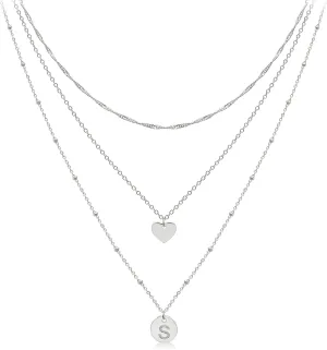 Aisansty Dainty Layered Initial Choker Necklaces Handmade 14K Gold Plated Tiny Heart Personalized Letter Disc Pendant Adjustable Chain Layering Gold Necklaces for Women Gift Jewelry