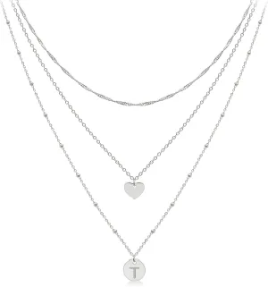 Aisansty Dainty Layered Initial Choker Necklaces Handmade 14K Gold Plated Tiny Heart Personalized Letter Disc Pendant Adjustable Chain Layering Gold Necklaces for Women Gift Jewelry