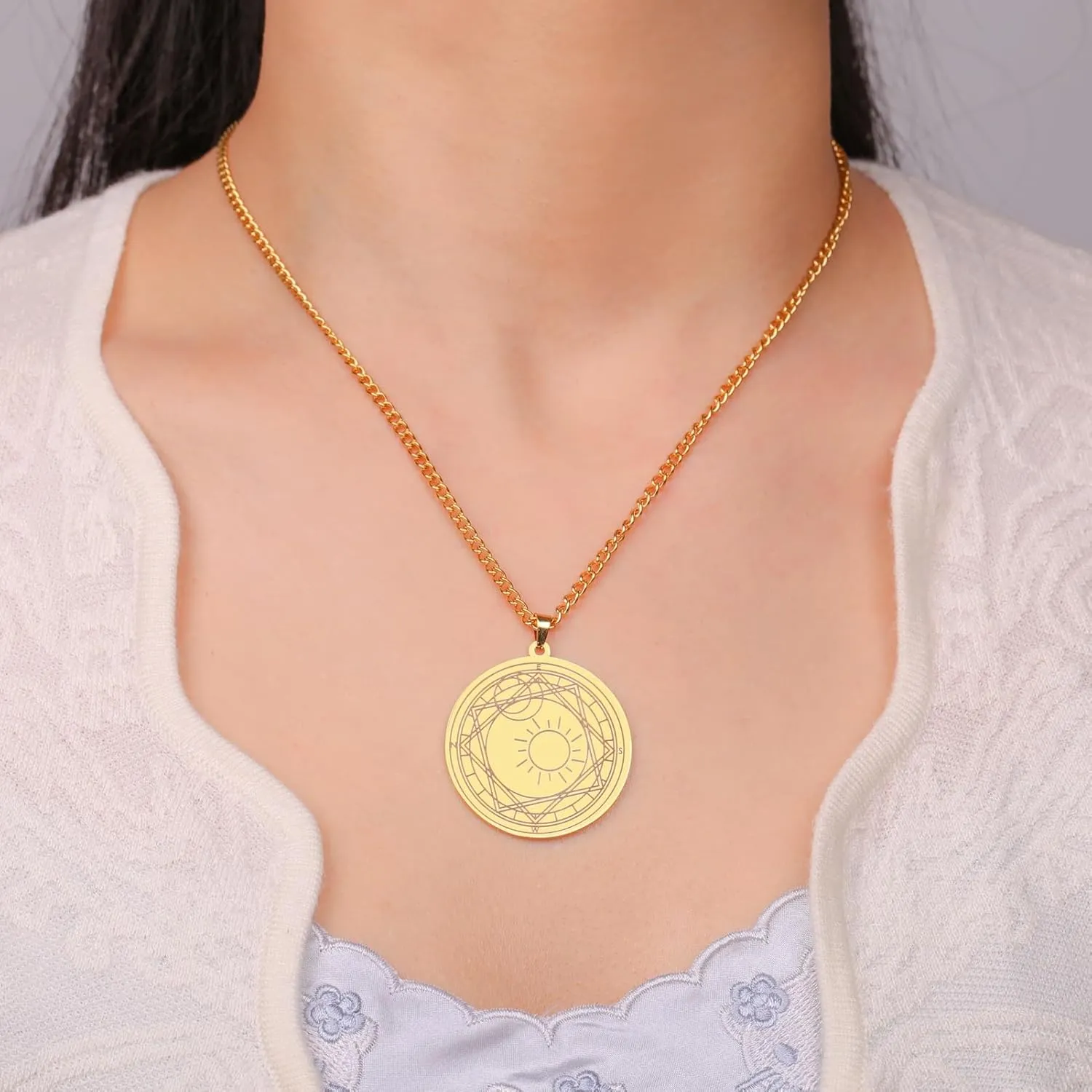 Amaxer Compass Necklace Sun Moon Geometric Pendant Magic Elements Adjustable Necklace
