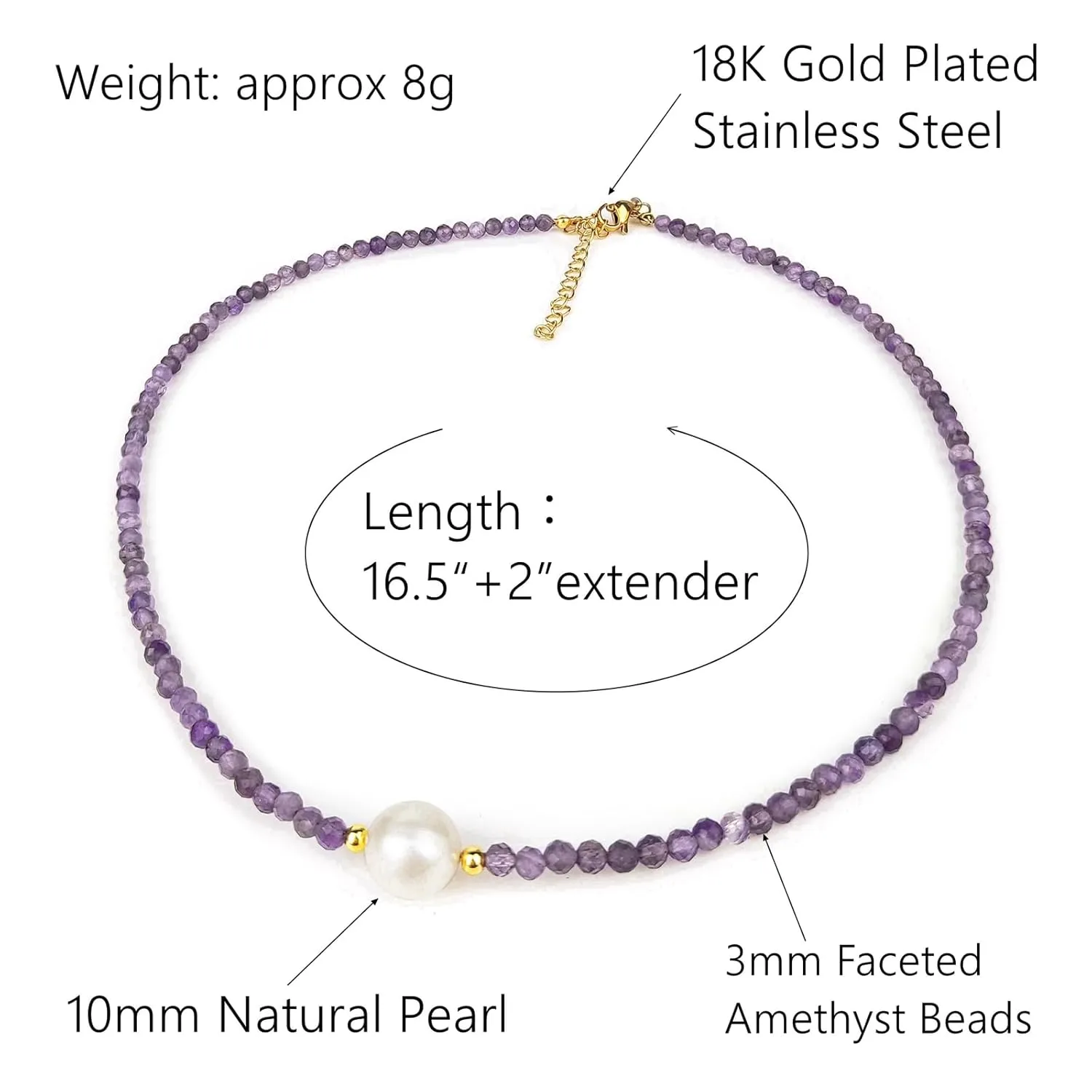 Amethyst Choker Necklace, Single Pearl Necklaces for Women Amethyst Jewelry, Handmade 18 Inches 3mm Faceted Purple Gemstone Beaded Choker Necklace.