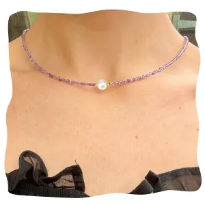 Amethyst Choker Necklace, Single Pearl Necklaces for Women Amethyst Jewelry, Handmade 18 Inches 3mm Faceted Purple Gemstone Beaded Choker Necklace.