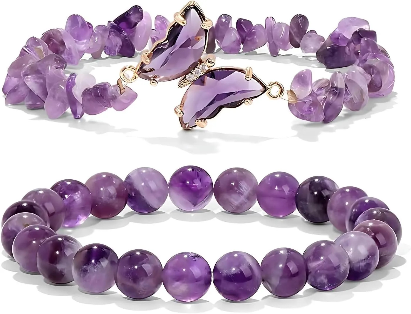Amethyst Crystal Bracelet Set for Women, Purple Gemstone Healing Bracelet with Butterfly Charm