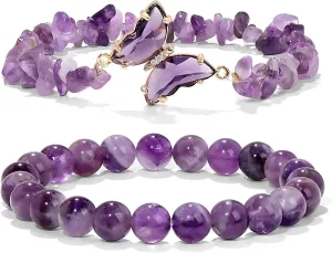 Amethyst Crystal Bracelet Set for Women, Purple Gemstone Healing Bracelet with Butterfly Charm