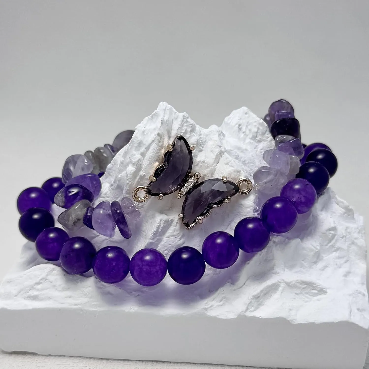 Amethyst Crystal Bracelet Set for Women, Purple Gemstone Healing Bracelet with Butterfly Charm