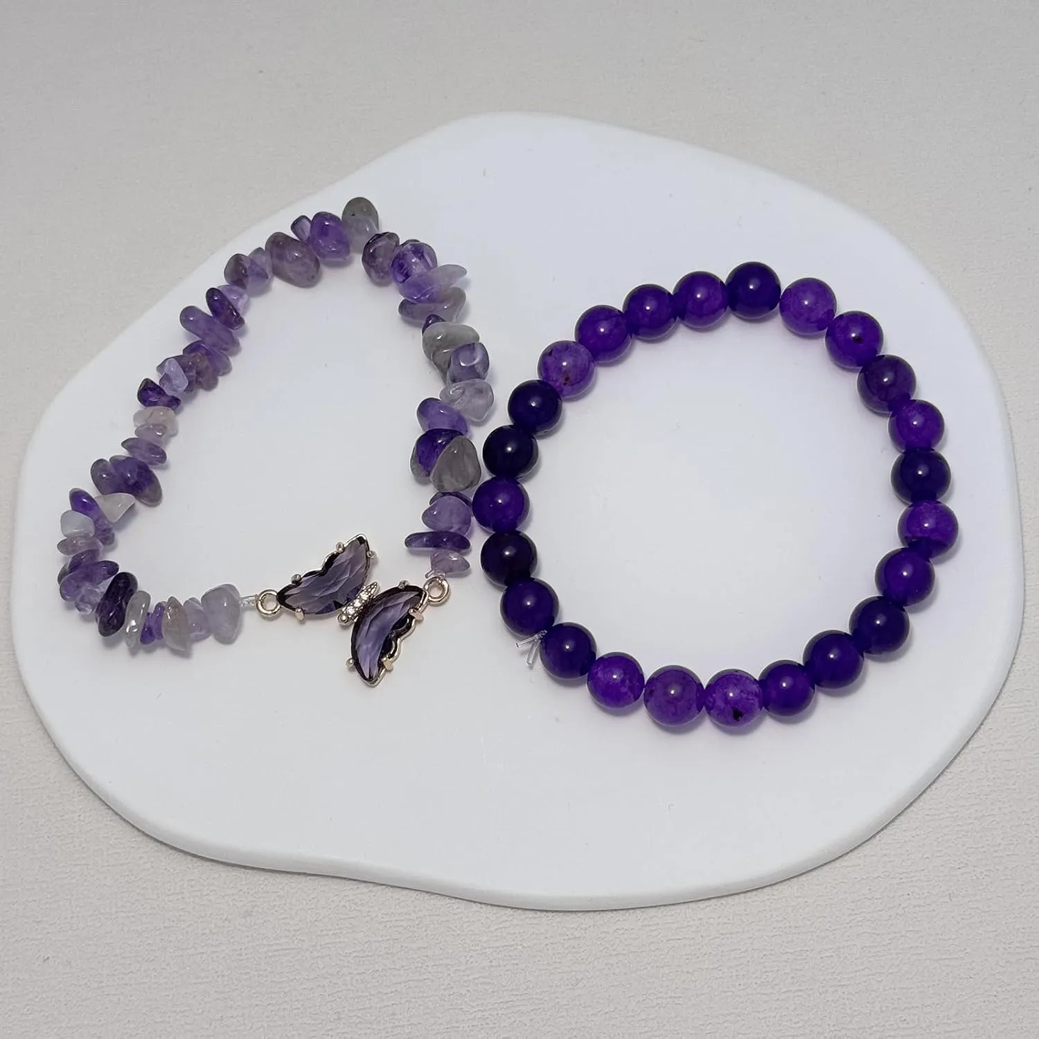 Amethyst Crystal Bracelet Set for Women, Purple Gemstone Healing Bracelet with Butterfly Charm