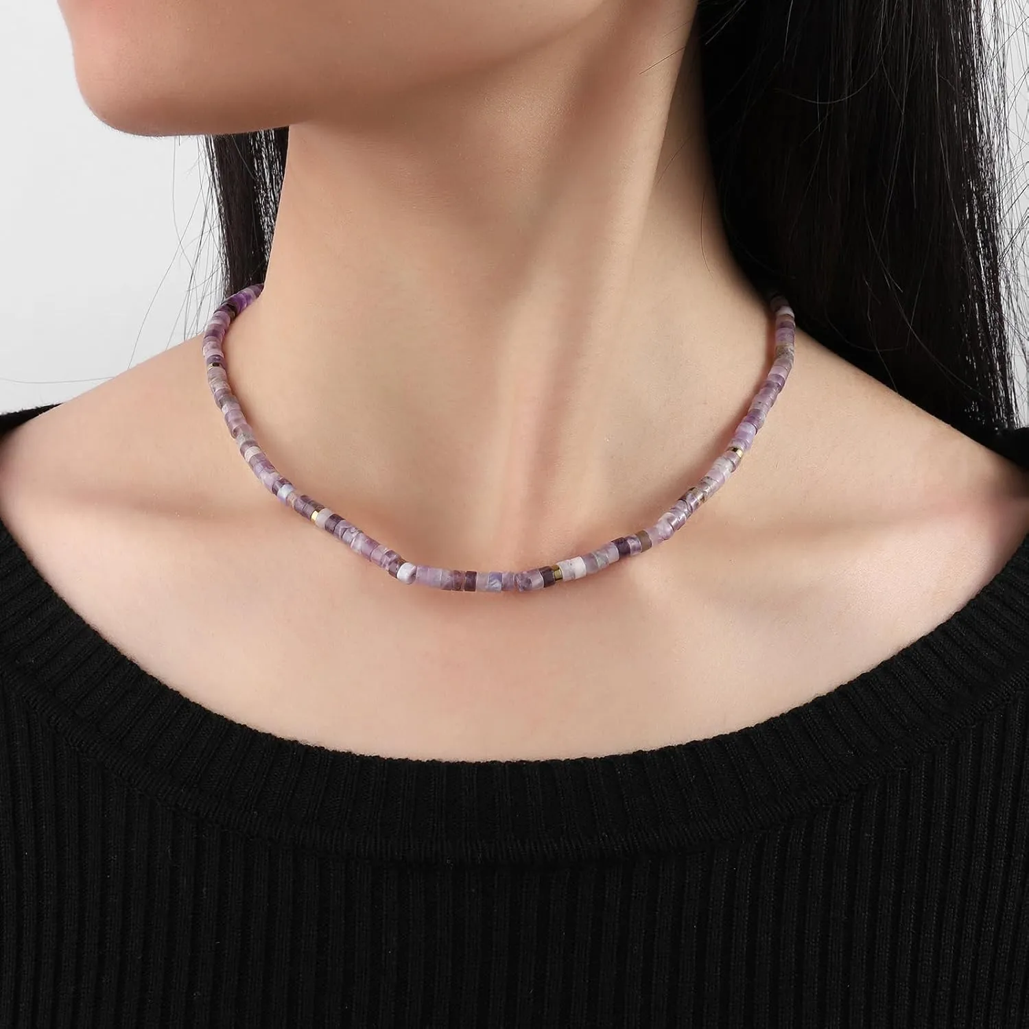 Amethyst Necklace for Women Dainty 14k Gold Plated Amethyst Choker Necklace Purple Crystal Necklace Amethyst Beaded Necklace Amethyst Birthstone Necklace Amethyst Jewelry for Women