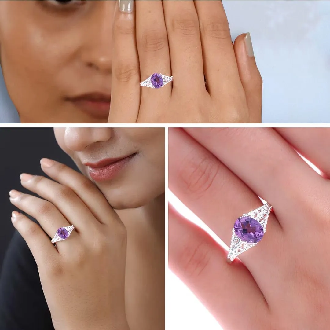 Amethyst Ring for Women in 925 Sterling Silver - Birthstone Promise Engagement Vintage Purple Amethyst Jewelry Birthday Mothers Day Gifts