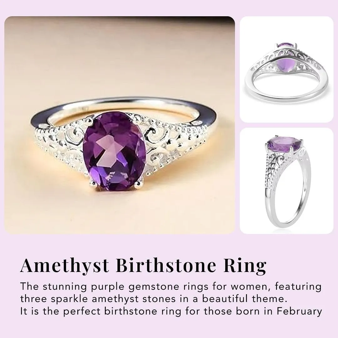 Amethyst Ring for Women in 925 Sterling Silver - Birthstone Promise Engagement Vintage Purple Amethyst Jewelry Birthday Mothers Day Gifts