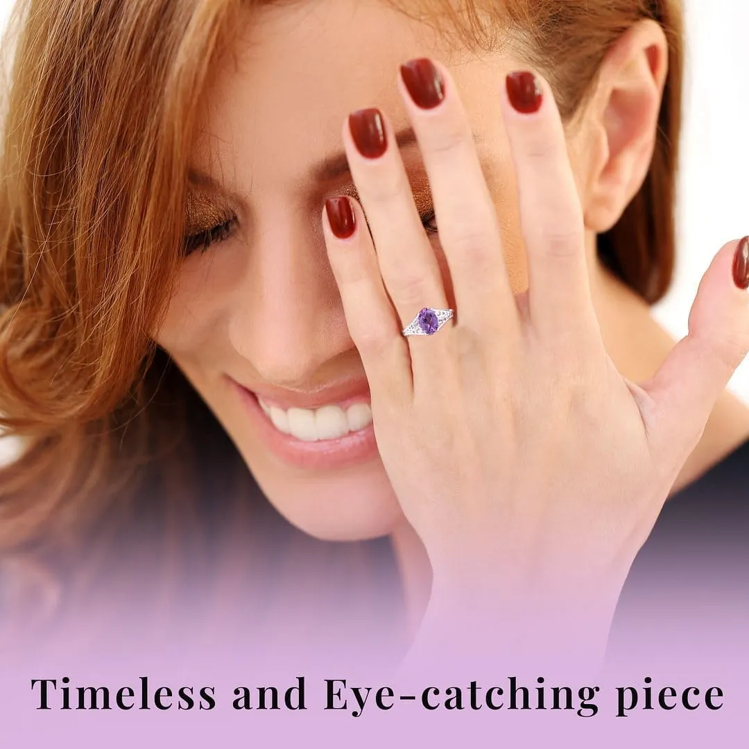Amethyst Ring for Women in 925 Sterling Silver - Birthstone Promise Engagement Vintage Purple Amethyst Jewelry Birthday Mothers Day Gifts