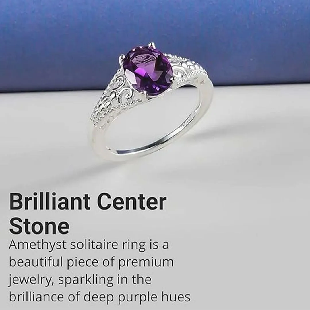 Amethyst Ring for Women in 925 Sterling Silver - Birthstone Promise Engagement Vintage Purple Amethyst Jewelry Birthday Mothers Day Gifts