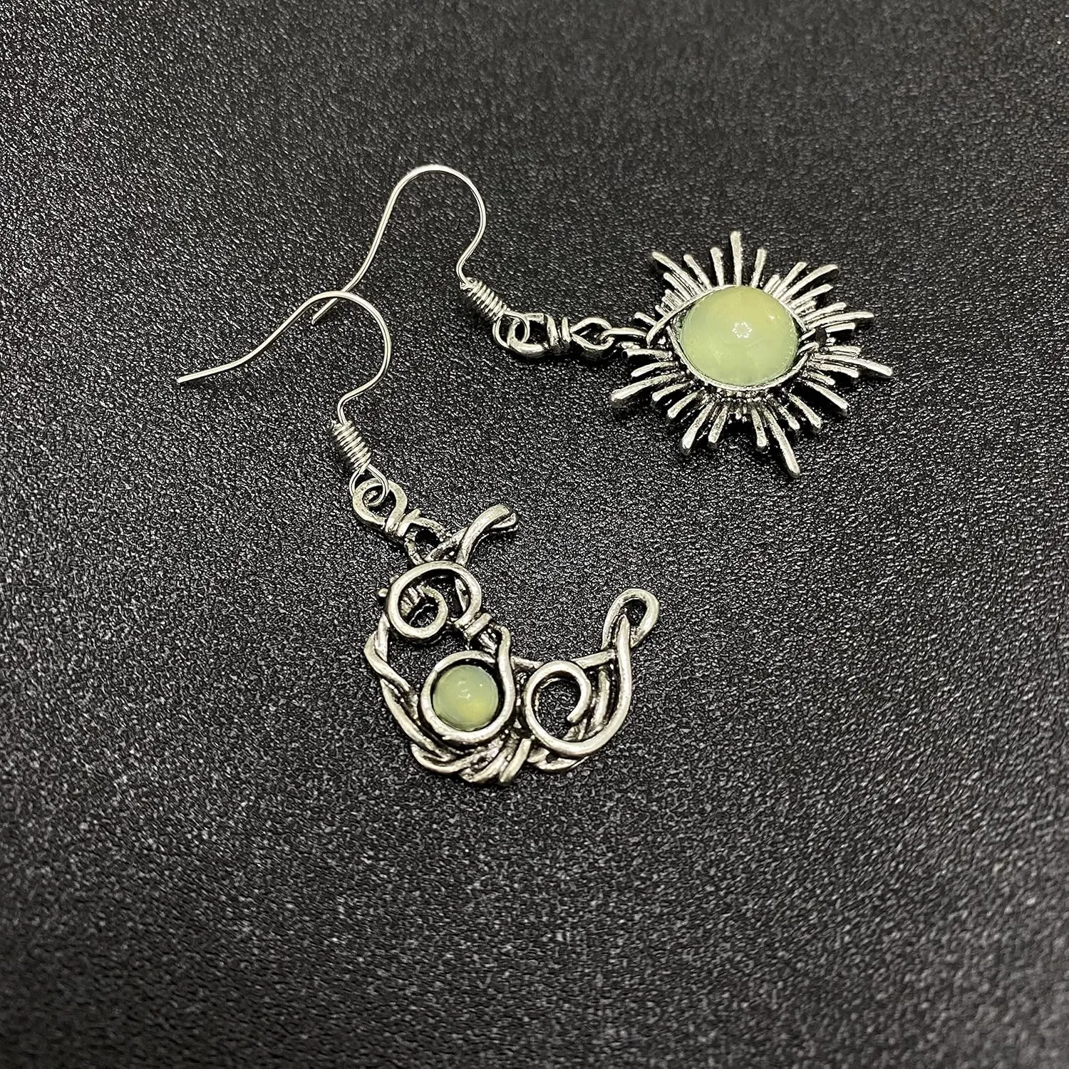 ANDPAI Unique Chic Abstract Hollow Black Vintage Silver Asymmetry Moon Star Sun Dangle Drop Earrings Black Moonstone Moon Hypoallergenic Earrings for Women Statement Jewelry Gifts