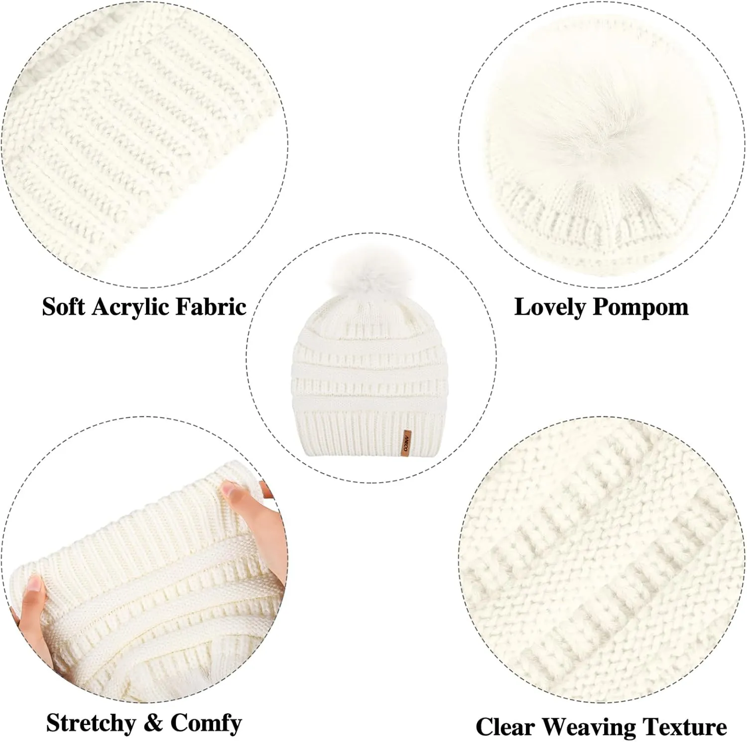 Aneco Womens Winter Warm Sets Knitted Fur Pompoms Beanie Hat Circle Loop Scarf Touch Screen Gloves Winter Favor Accessories