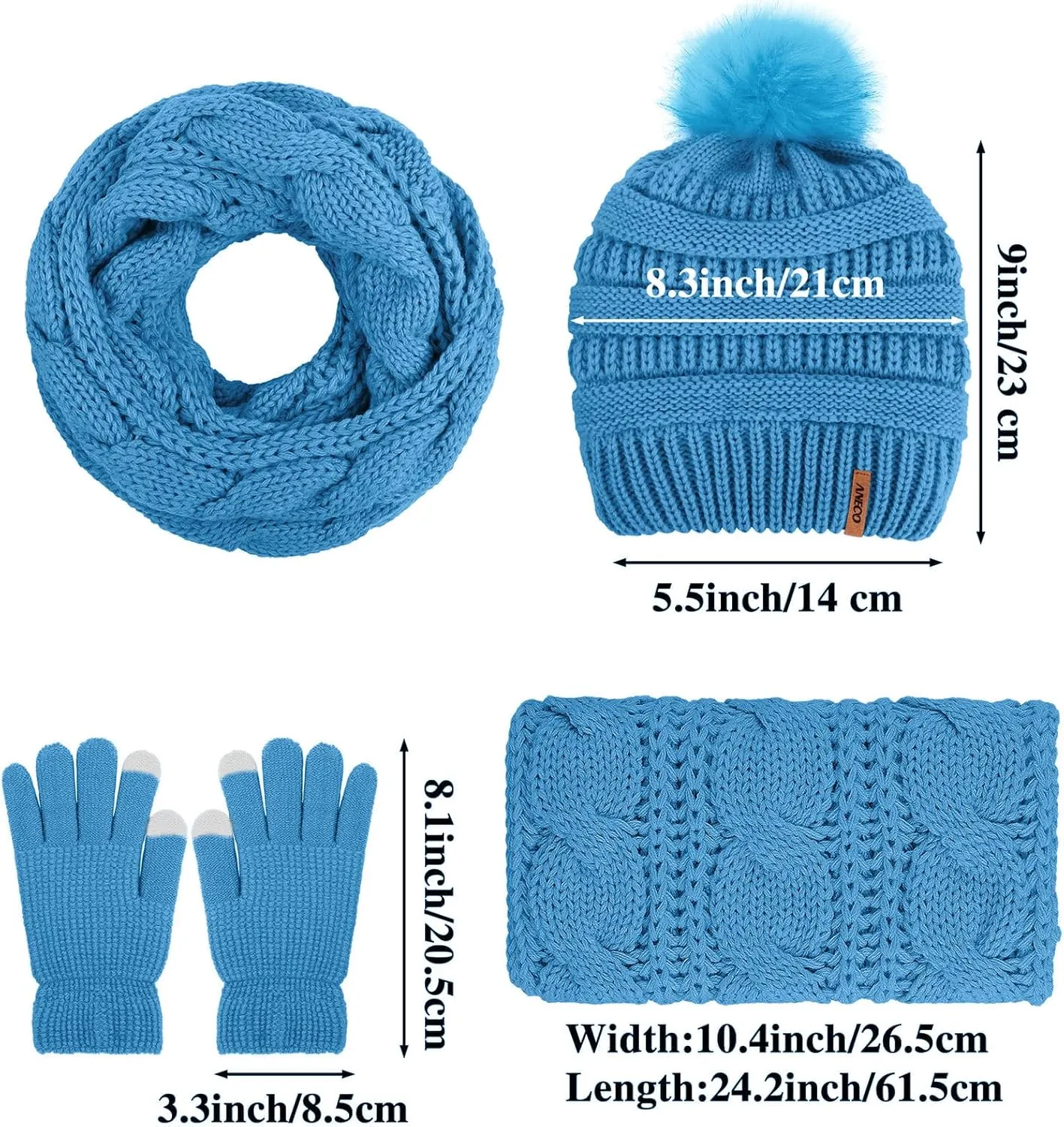 Aneco Womens Winter Warm Sets Knitted Fur Pompoms Beanie Hat Circle Loop Scarf Touch Screen Gloves Winter Favor Accessories
