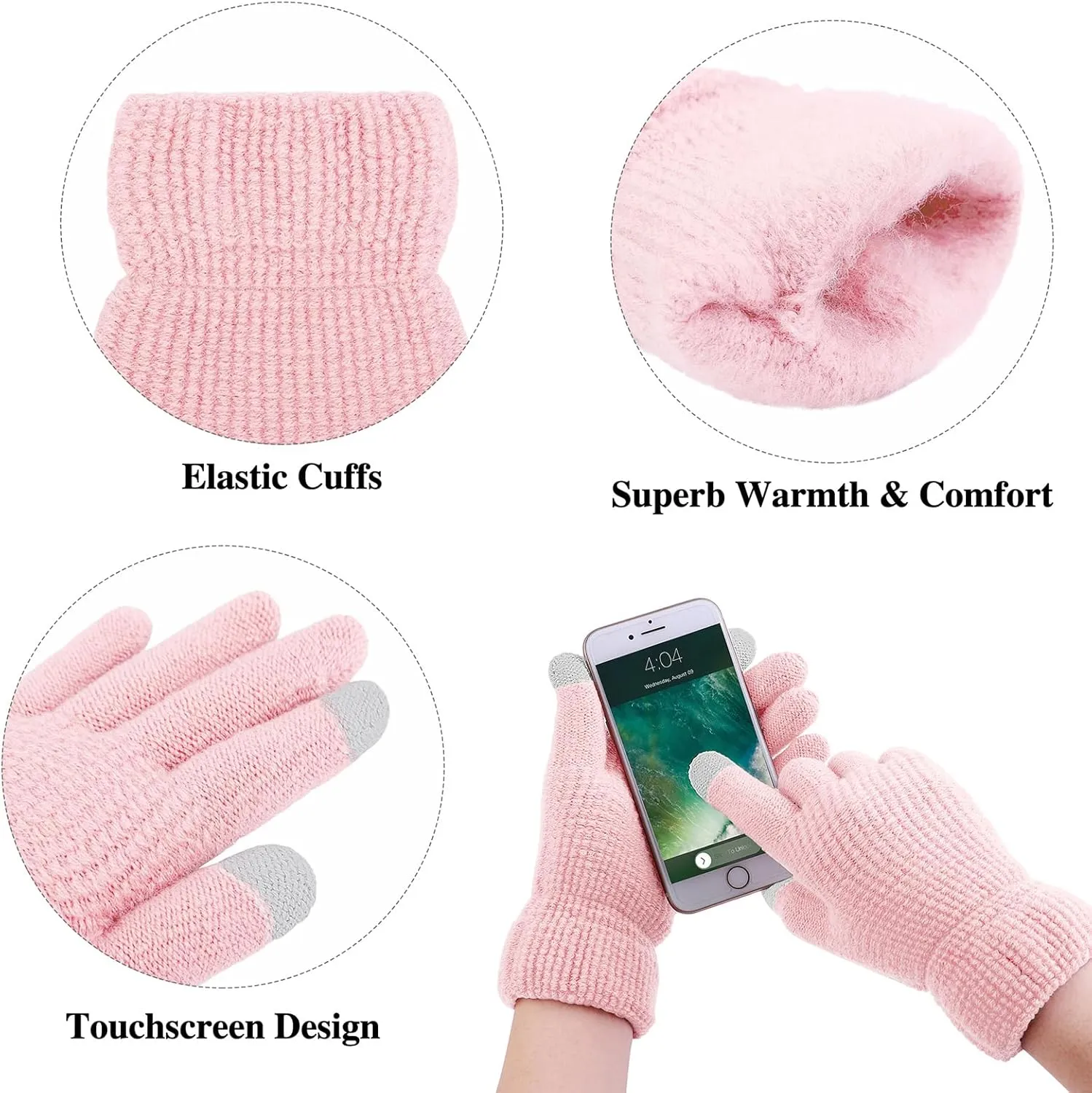 Aneco Womens Winter Warm Sets Knitted Fur Pompoms Beanie Hat Circle Loop Scarf Touch Screen Gloves Winter Favor Accessories