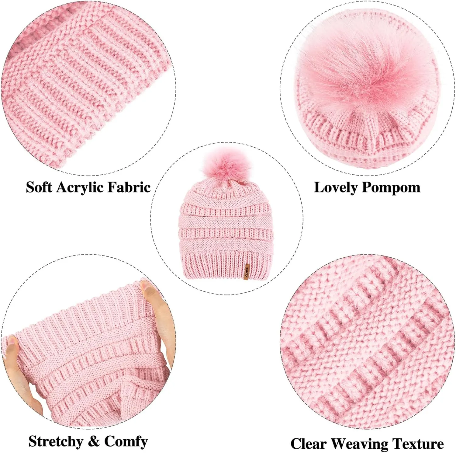 Aneco Womens Winter Warm Sets Knitted Fur Pompoms Beanie Hat Circle Loop Scarf Touch Screen Gloves Winter Favor Accessories