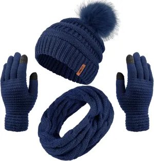 Aneco Womens Winter Warm Sets Knitted Fur Pompoms Beanie Hat Circle Loop Scarf Touch Screen Gloves Winter Favor Accessories