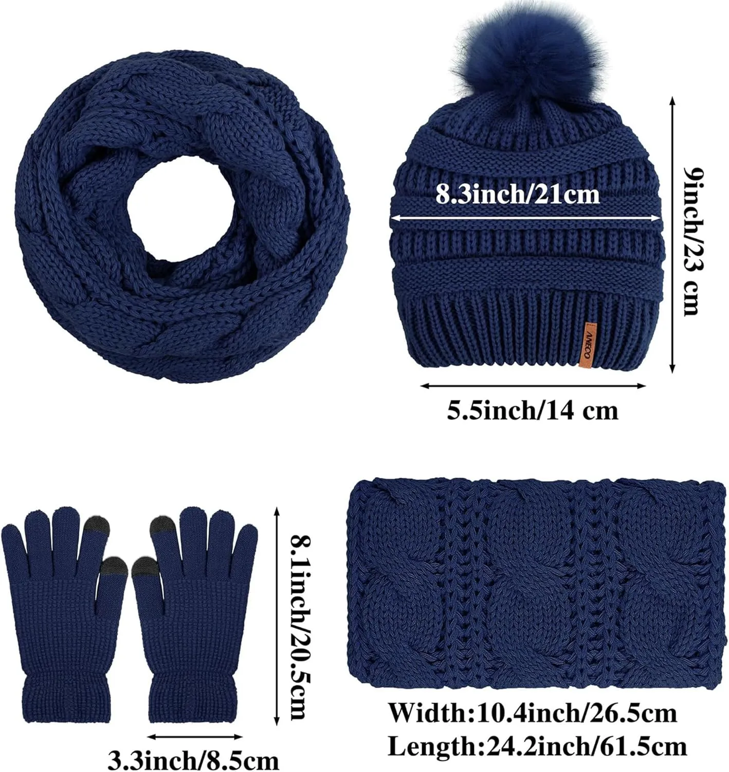 Aneco Womens Winter Warm Sets Knitted Fur Pompoms Beanie Hat Circle Loop Scarf Touch Screen Gloves Winter Favor Accessories