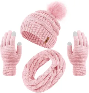 Aneco Womens Winter Warm Sets Knitted Fur Pompoms Beanie Hat Circle Loop Scarf Touch Screen Gloves Winter Favor Accessories