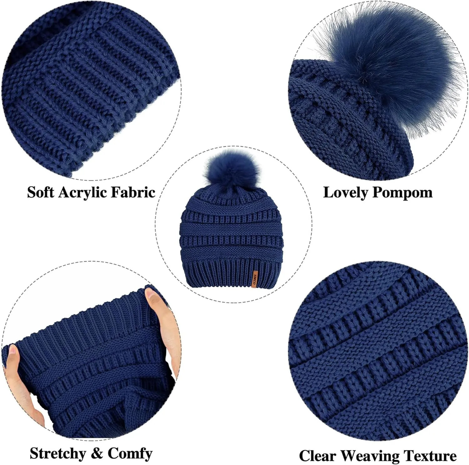 Aneco Womens Winter Warm Sets Knitted Fur Pompoms Beanie Hat Circle Loop Scarf Touch Screen Gloves Winter Favor Accessories