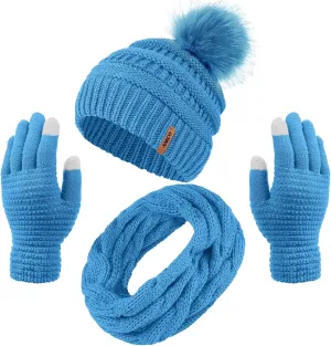 Aneco Womens Winter Warm Sets Knitted Fur Pompoms Beanie Hat Circle Loop Scarf Touch Screen Gloves Winter Favor Accessories
