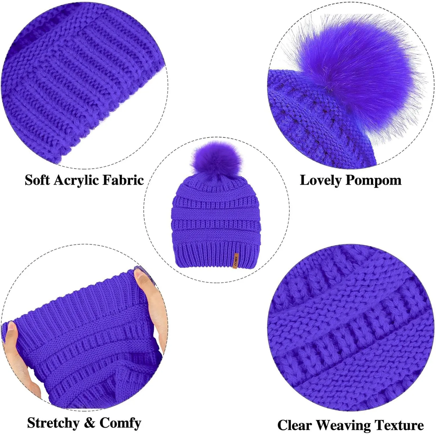 Aneco Womens Winter Warm Sets Knitted Fur Pompoms Beanie Hat Circle Loop Scarf Touch Screen Gloves Winter Favor Accessories
