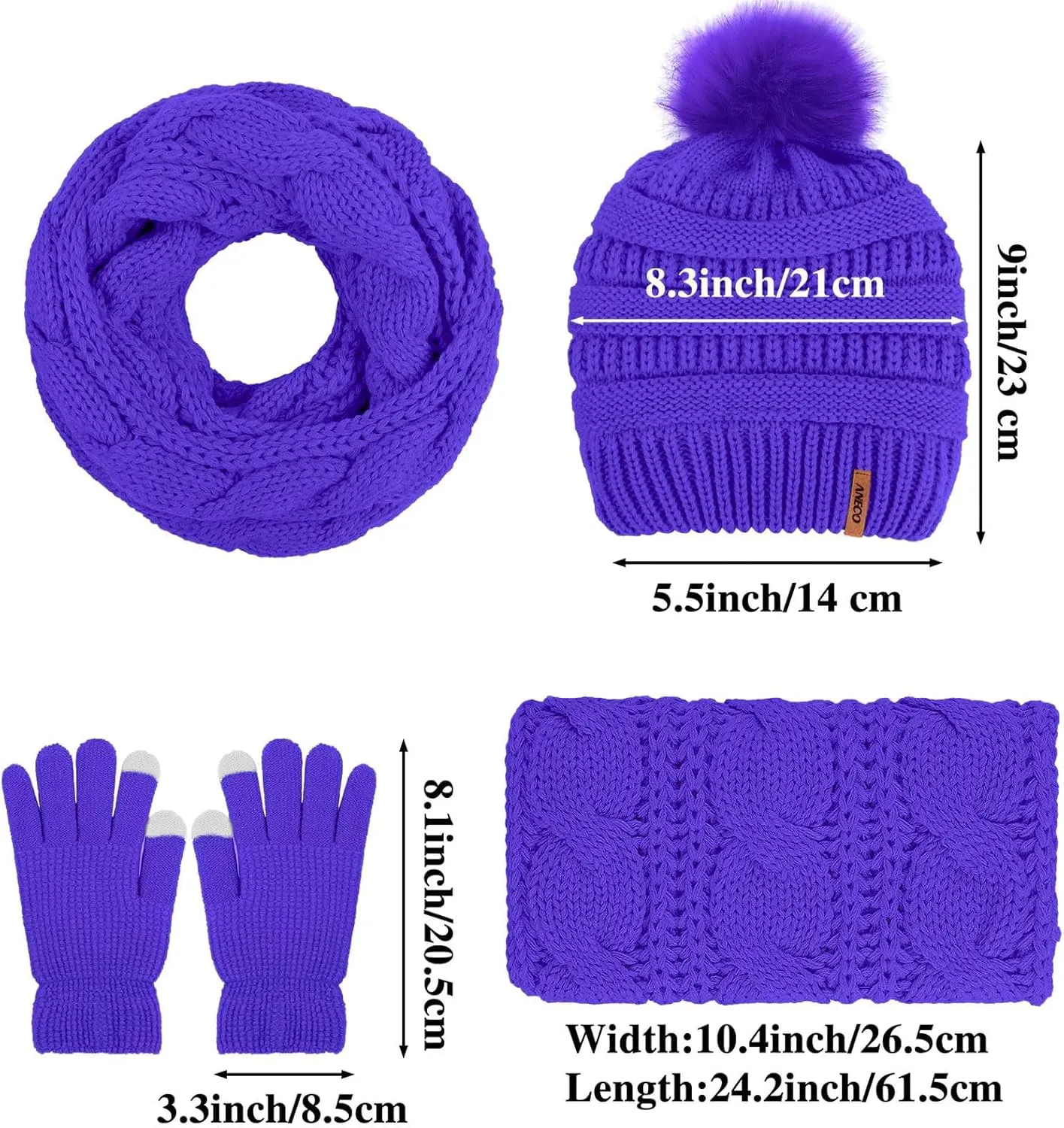 Aneco Womens Winter Warm Sets Knitted Fur Pompoms Beanie Hat Circle Loop Scarf Touch Screen Gloves Winter Favor Accessories