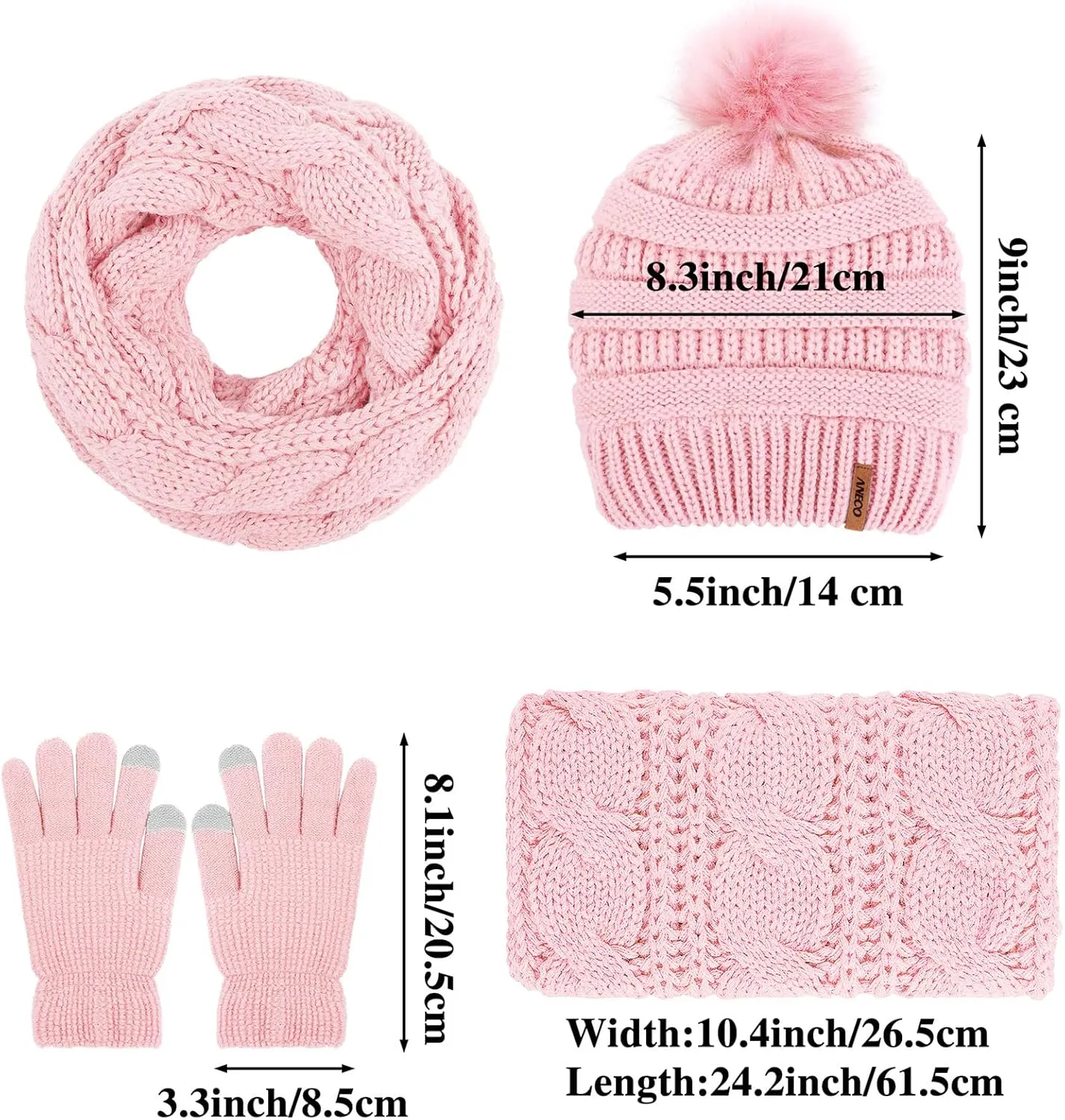 Aneco Womens Winter Warm Sets Knitted Fur Pompoms Beanie Hat Circle Loop Scarf Touch Screen Gloves Winter Favor Accessories