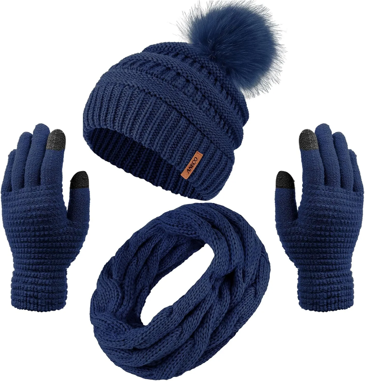 Aneco Womens Winter Warm Sets Knitted Fur Pompoms Beanie Hat Circle Loop Scarf Touch Screen Gloves Winter Favor Accessories