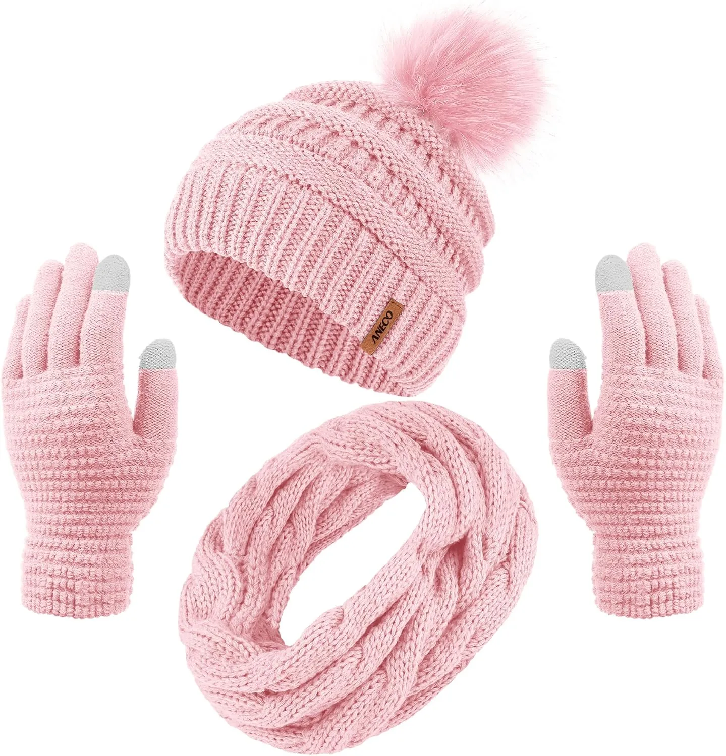 Aneco Womens Winter Warm Sets Knitted Fur Pompoms Beanie Hat Circle Loop Scarf Touch Screen Gloves Winter Favor Accessories