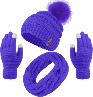 Aneco Womens Winter Warm Sets Knitted Fur Pompoms Beanie Hat Circle Loop Scarf Touch Screen Gloves Winter Favor Accessories